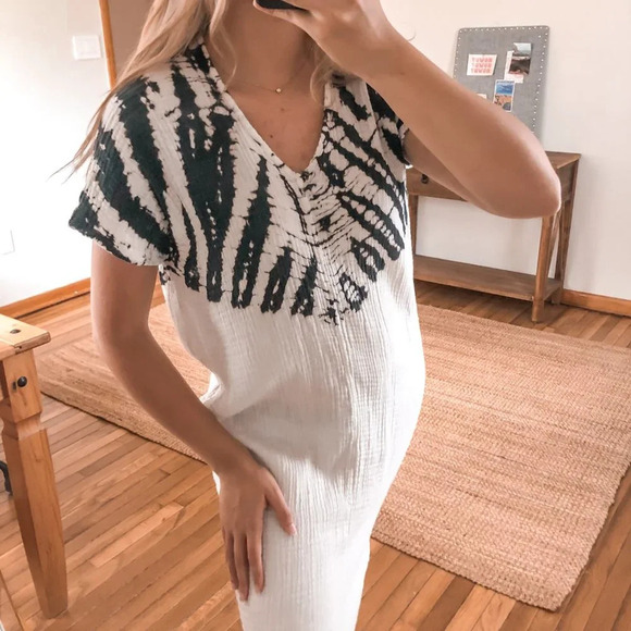 Felicite 100% Cotton V Neck Tie Dye Short Sleeve Textured Beach Midi Dress 3 - Picture 1 of 12